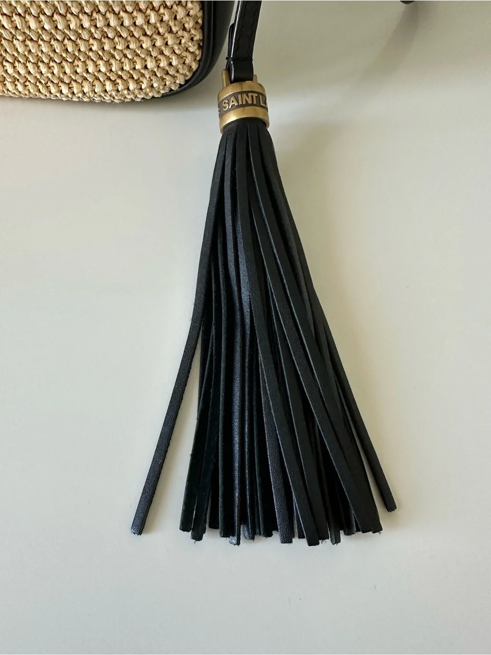 Saint Laurent Black and Beige Raffia Crossbody Camera Bag with Tassel - Picture 8 of 8